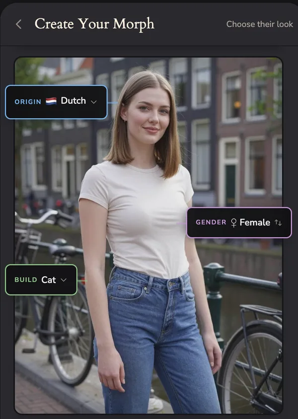 The Morph builder on the appearance step, with origin, gender, and build marked on the portrait