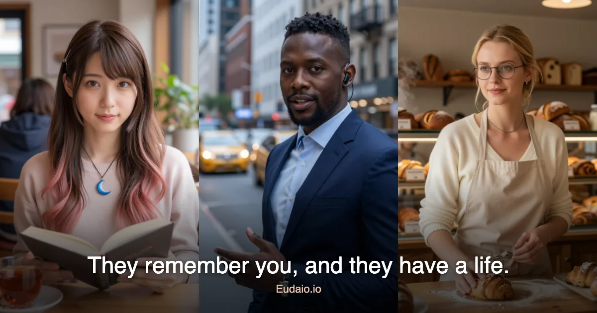 Screenshot of Eudaio, AI companions with memory, opinions and lives of their own