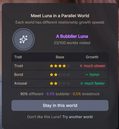 Fate roll system showing different character versions with growth speed modifiers