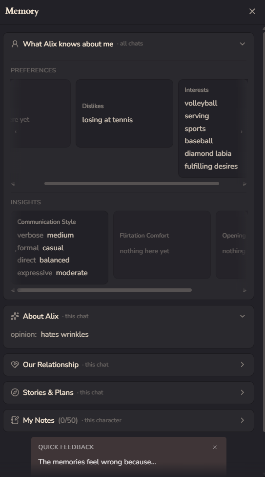 Memory panel showing facts, preferences, and insights Eudaio remembers about you