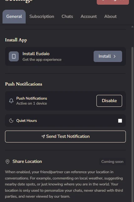 Eudaio settings showing privacy controls including location data protection