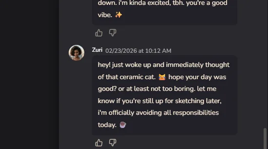 Zuri AI companion's time-stamped morning message showing real-time temporal awareness