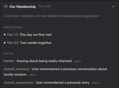 Our Relationship panel showing milestones, shared memories, and relationship facts